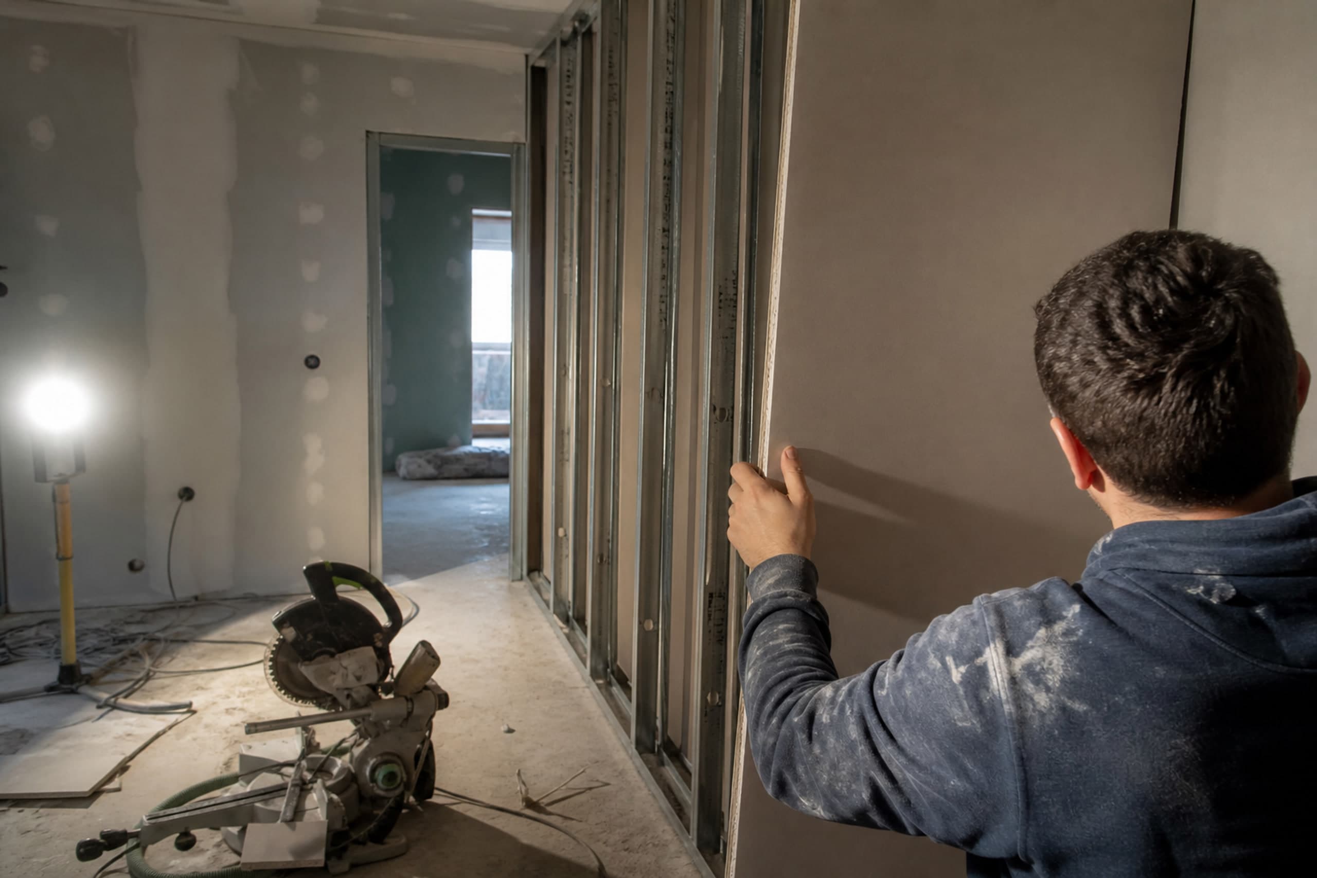 Trockenbau von hinten: Ständerwerk und Gipskarton in einem Rohbau